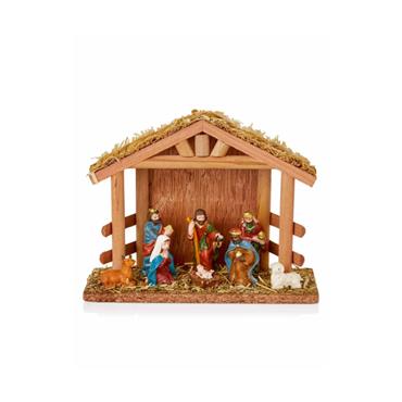20cm 8pc Nativity Scene with Wood House