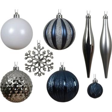 Decoris Blue, Silver and White Shatterproof Bauble Mix - Pack of 46