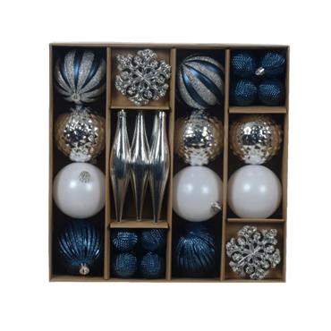 Decoris Blue, Silver and White Shatterproof Bauble Mix - Pack of 46