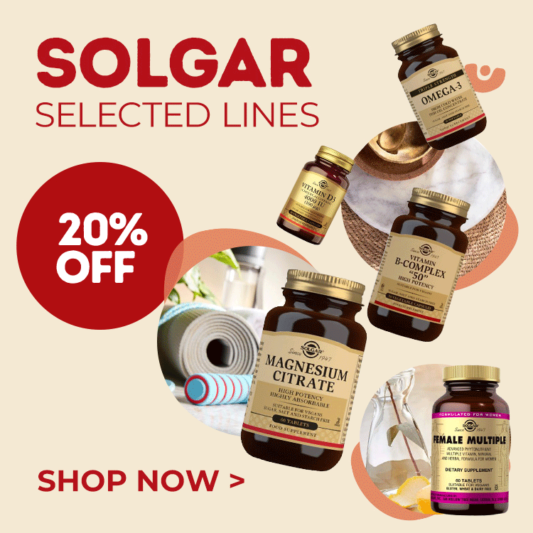 Solgar selected lines 20% off .Shop now.