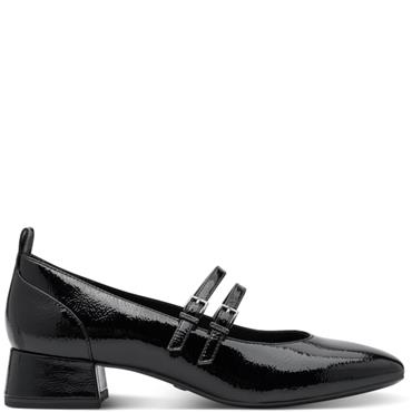 TAMARIS WOMENS LOW HEEL STRAP SHOE - BLACK PATENT