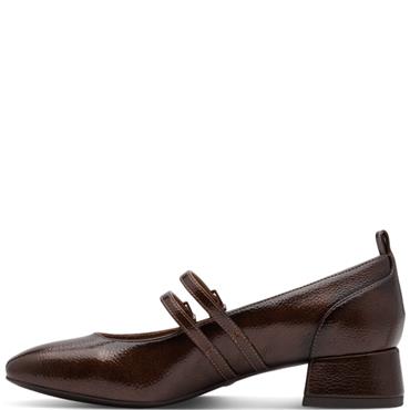 TAMARIS WOMENS LOW HEEL STRAP SHOE - BROWN PATENT