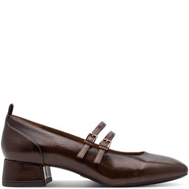 TAMARIS WOMENS LOW HEEL STRAP SHOE - BROWN PATENT