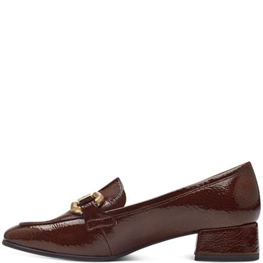 TAMARIS WOMENS LOW HEEL CHAIN LOAFER - COGNAC PATENT