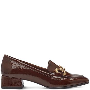TAMARIS WOMENS LOW HEEL CHAIN LOAFER - COGNAC PATENT