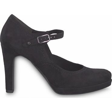 TAMARIS WOMENS BUCKLE STRAP COURT SHOE - BLACK SUEDE