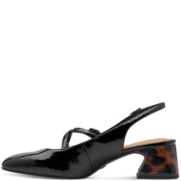 TAMARIS WOMENS LOW HEEL STRAP SLING BACK - BLACK PATENT