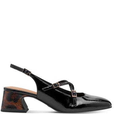 TAMARIS WOMENS LOW HEEL STRAP SLING BACK - BLACK PATENT