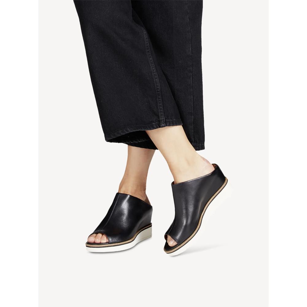 TAMARIS LDS WEDGE MULE SANDAL - BLACK LEATHER | Paul Byron Shoes | Ireland