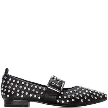 XTI WOMENS FLAT DIAMANTE STUD STRAP SHOE - BLACK