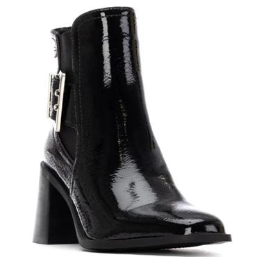 XTI WOMENS BUCKLE STRAP ZIP ANKLE BOOT - BLACK PATENT