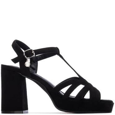 XTI WOMENS HIGH HEEL STRAP SANDAL - BLACK SUEDE