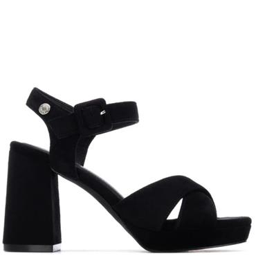 REFRESH WOMENS HIGH HEEL STRAP SANDAL - BLACK SUEDE