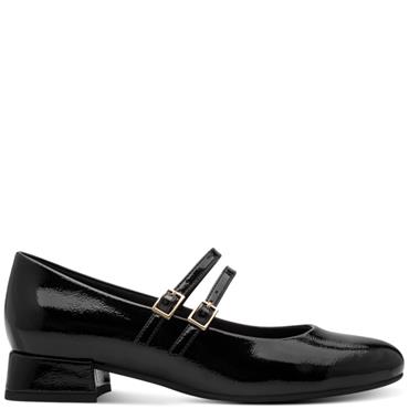MARCO TOZZI WOMENS LOW HEEL STRAP SHOE - BLACK PATENT