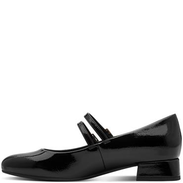MARCO TOZZI WOMENS LOW HEEL STRAP SHOE - BLACK PATENT