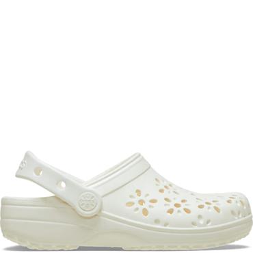 CROCS WOMENS CLASSIC FLORAL CUT OUT CLOG - CHALK