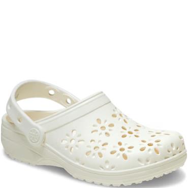 CROCS WOMENS CLASSIC FLORAL CUT OUT CLOG - CHALK