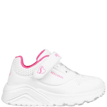 SKECHERS GIRLS UNO LITE STRAP TRAINER - WHITE HOT PINK