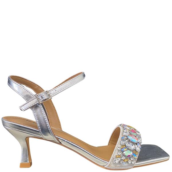 Low Heel Silver Diamante Heeled Sandals Low Heel Silver Diamante