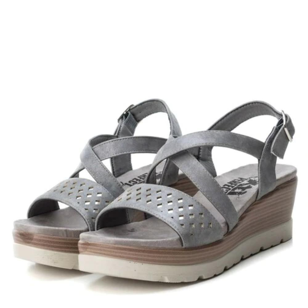 XTI WOMENS LOW WEDGE STRAP SANDAL GREY METALLIC Paul Byron Shoes