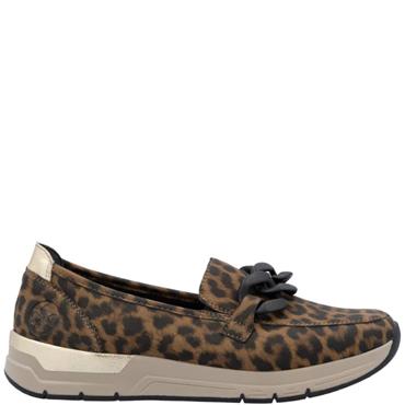 RIEKER WOMENS LOW WEDGE CHAIN LOAFER - LEOPARD