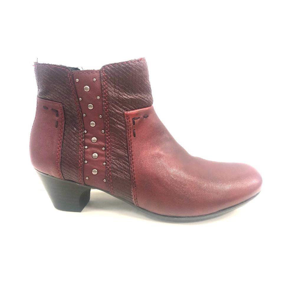 RIEKER WOMENS STUD ZIP ANKLE BOOT - RED | Paul Byron Shoes | Ireland