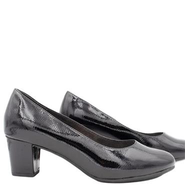 JANA WOMENS BLOCK HEEL COURT SHOE - BLACK PATENT