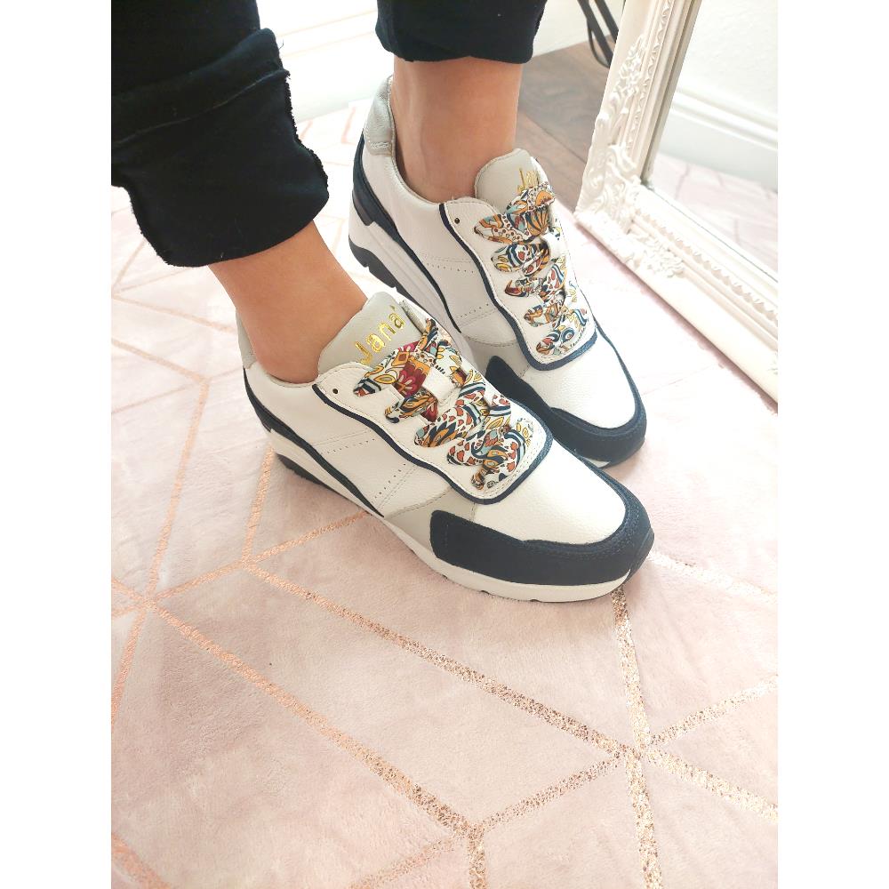 JANA WOMENS WEDGE LACE TRAINER - WHITE BLUE | Paul Byron Shoes | Ireland