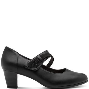 JANA WOMENS LOW HEEL STRAP COURT SHOE - BLACK