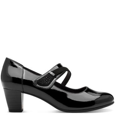 JANA WOMENS LOW HEEL STRAP COURT SHOE - BLACK PATENT