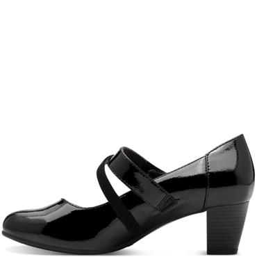 JANA WOMENS LOW HEEL STRAP COURT SHOE - BLACK PATENT