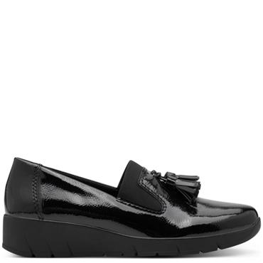JANA WOMENS WEDGE TASSEL SLIP ON SHOE - BLACK PATENT