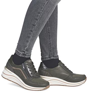 REMONTE WOMENS WEDGE ZIP LACE TRAINER - GREEN MULTI