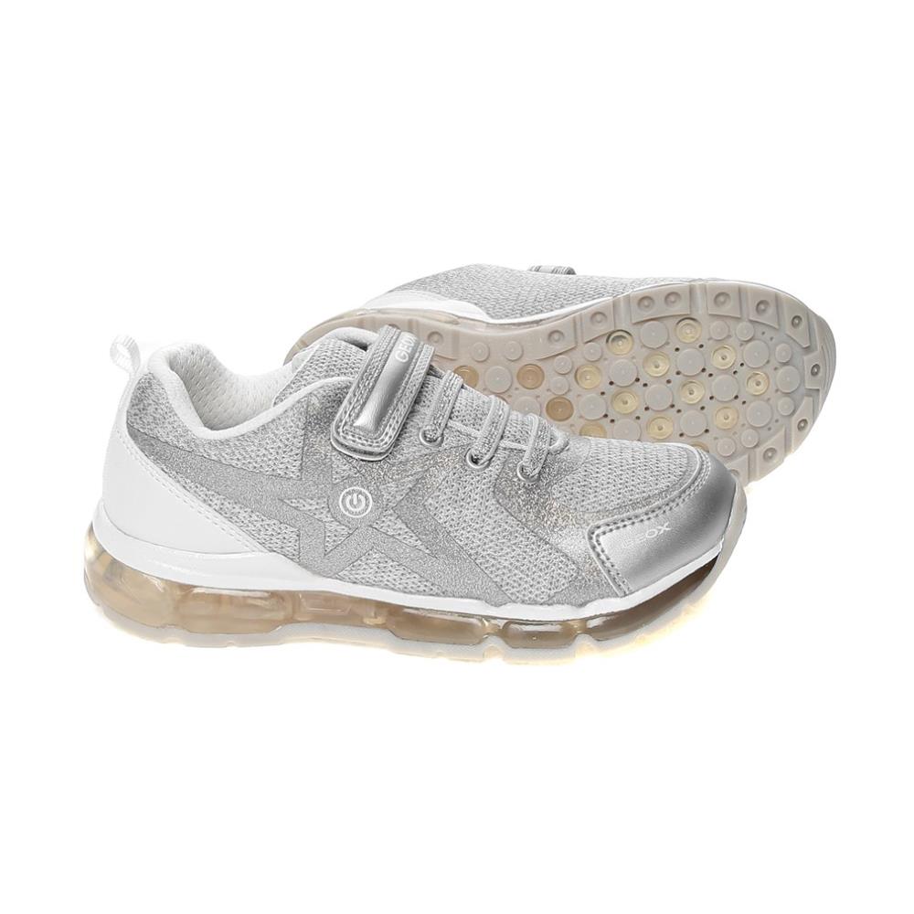 GEOX GIRLS GLITTER VEL LACE RUNNER SILVER WHITE Paul Byron Shoes Ireland