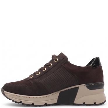 RIEKER WOMENS WEDGE ZIP LACE TRAINER - BROWN