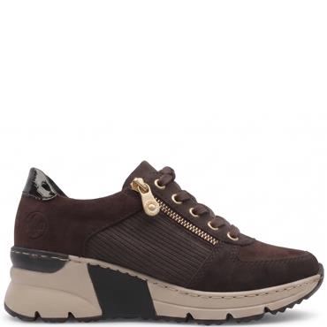RIEKER WOMENS WEDGE ZIP LACE TRAINER - BROWN