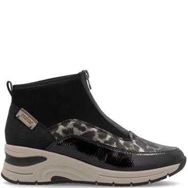 RIEKER WOMENS WEDGE ZIP ANKLE BOOT - BLACK MULTI