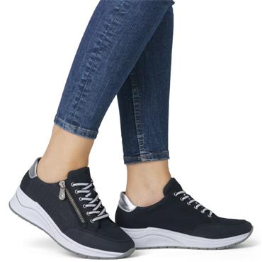 RIEKER WOMENS WEDGE ZIP LACE TRAINER - BLUE