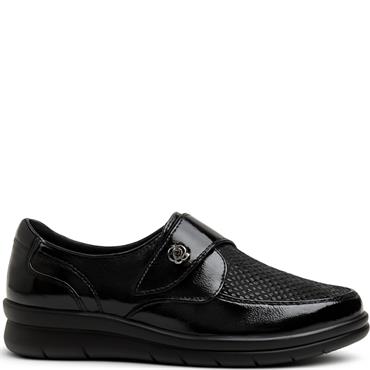 G COMFORT WOMENS STRETCH STRAP SHOE - BLACK PATENT