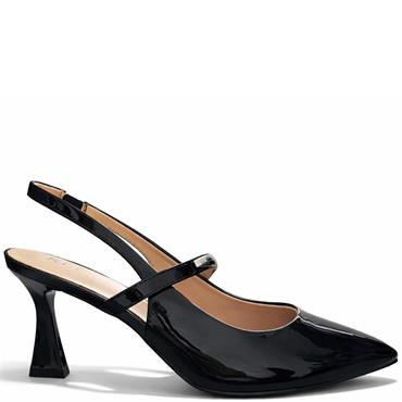 REDZ WOMENS MID HEEL STRAP SLING BACK - BLACK PATENT