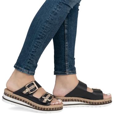 RIEKER WOMENS WEDGE SLIP ON SANDAL - BLACK