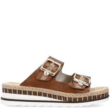 RIEKER WOMENS WEDGE SLIP ON SANDAL - BROWN