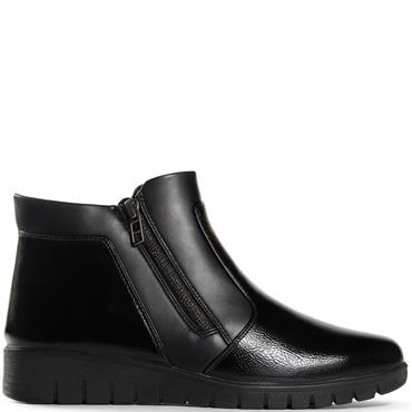 COMFORT WOMENS WEDGE ZIP ANKLE BOOT - BLACK PATENT