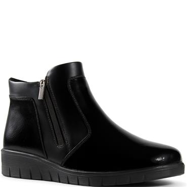 COMFORT WOMENS WEDGE ZIP ANKLE BOOT - BLACK PATENT