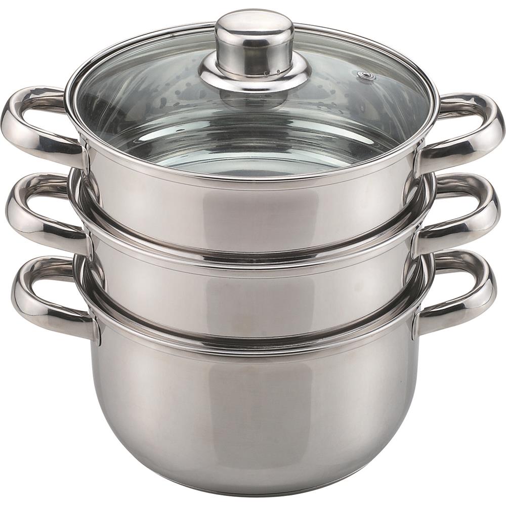18cm Essential Stainless Steel 3 Tier Steamer with Glass Lid Your