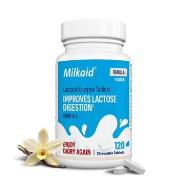 MilkAid Lactase Enzyme 6000ALU Vanilla Flavour - 120 Chewable tablets 