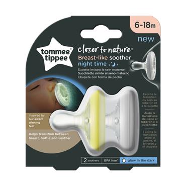 Tommee Tippee Breast Like Soothers 6-18m - 2 Pack (Night Time)