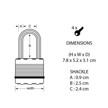 Excellâ„¢ Laminated Steel 50mm Padlock 4-Pin - 25mm Shackle