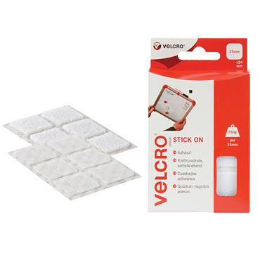VELCROÂ® Brand Stick On Squares 25mm White (Pack 24)