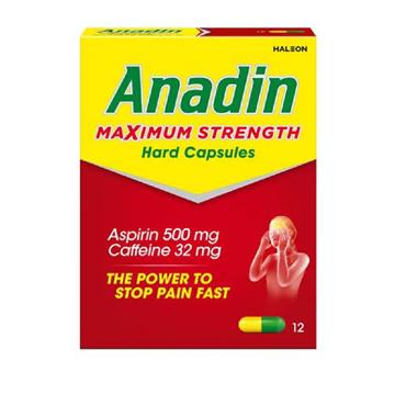 ANADIN MAX STRENGTH HARD CAPSULES 500MG ASPIRIN 32MG CAFFEINE 12S